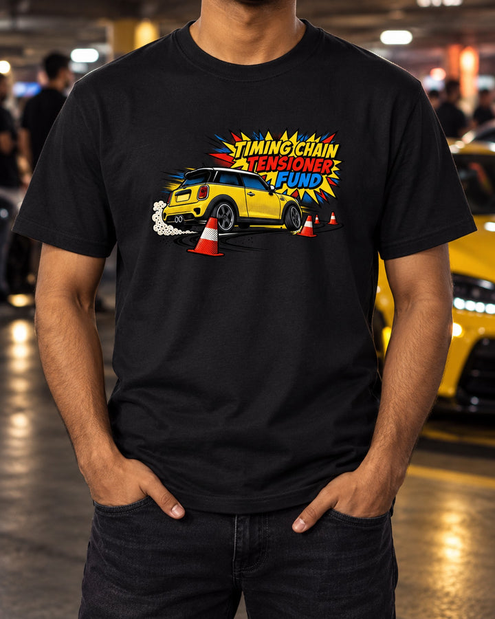 Mini Cooper S R56 Go-Kart Pop Art Tee, Timing Chain Fund Joke T-Shirt Black worn hero