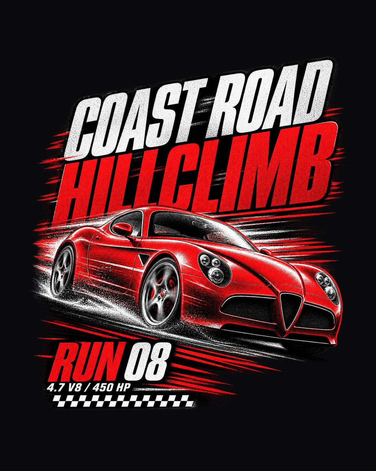 Alfa Romeo 8C Competizione Coast Road Hillclimb Poster Tee, Run 08 design only