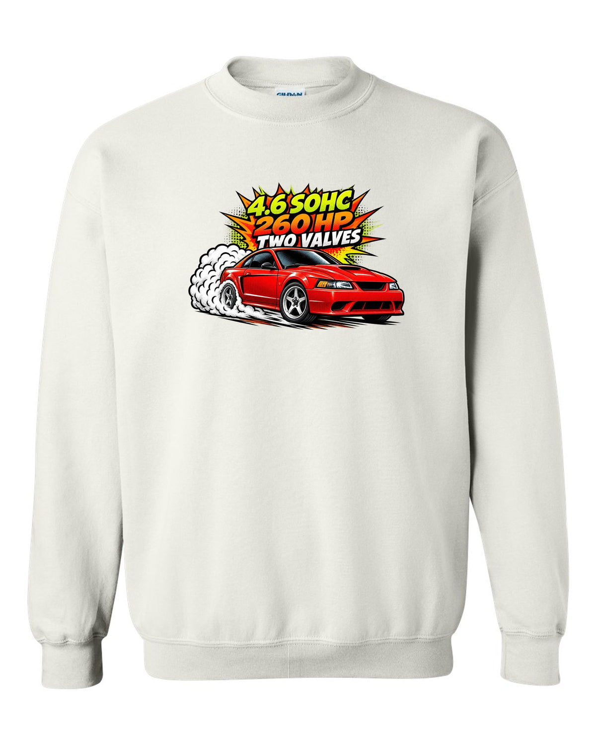 Comic halftone pop-art print of a 1999-2004 Ford Mustang SN95 New Edge burnout white crewneck front view with the design