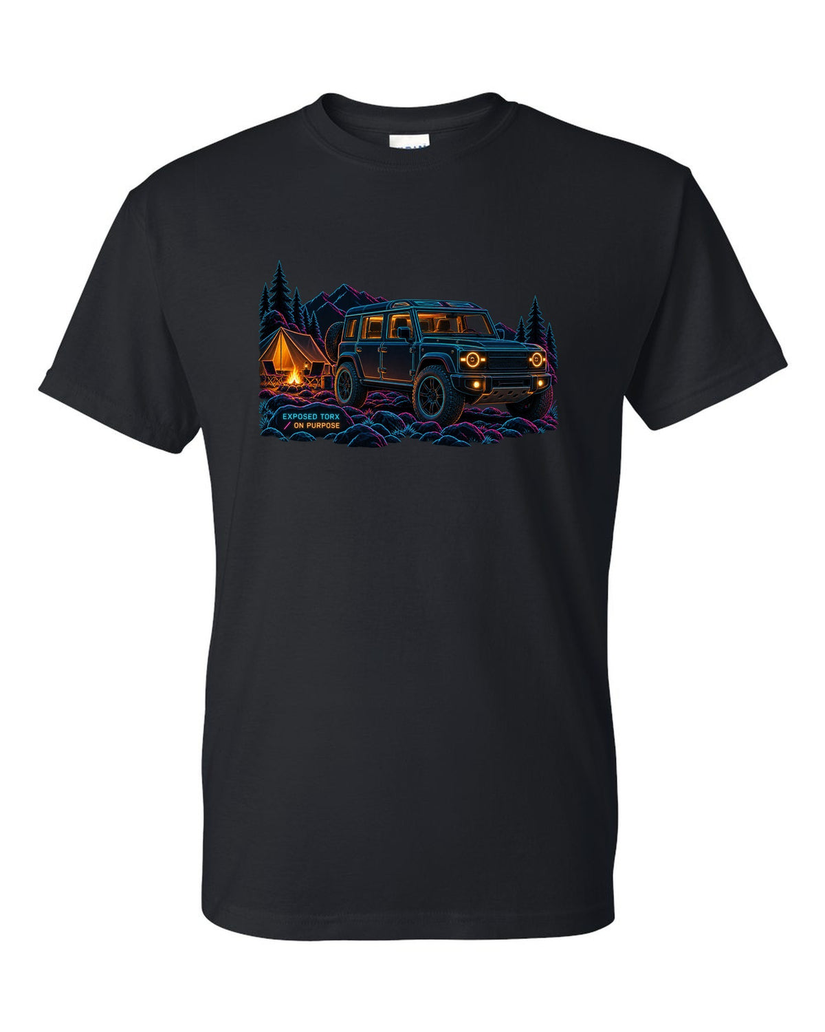 Neon line art print of a Land Rover Defender L663 110 at night camp with Exposed Torx text black t-shirt front view with the design