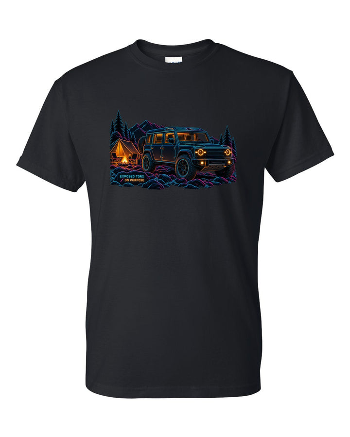 Neon line art print of a Land Rover Defender L663 110 at night camp with Exposed Torx text black t-shirt front view with the design