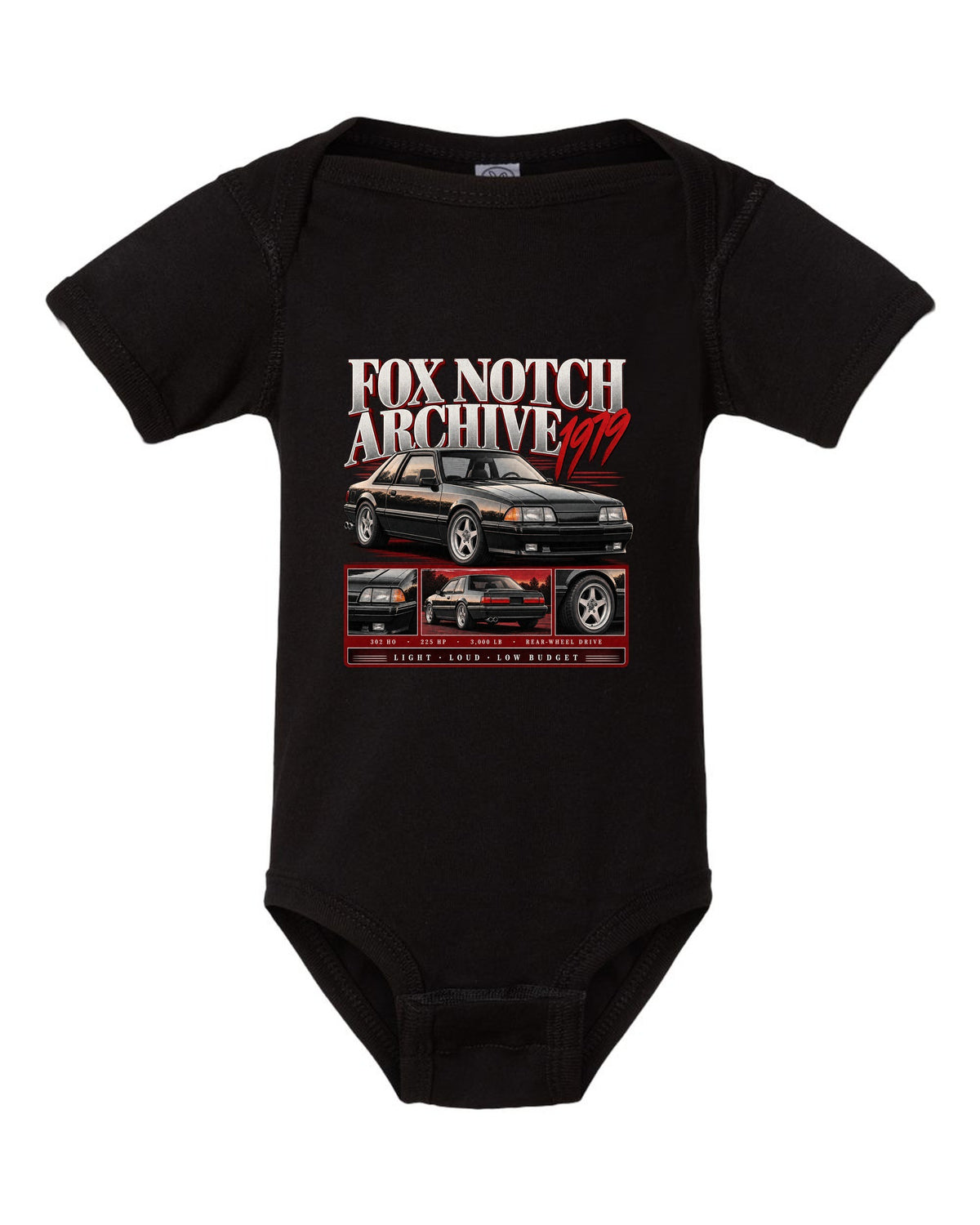 Archive panel print of a Ford Mustang Fox Body notchback coupe with spec lines black baby onesie front view with the design