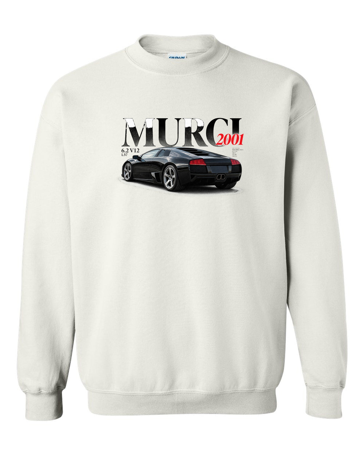 Editorial style print of a Lamborghini Murcielago L537 with 6.2 V12 and 2001 text white crewneck front view with the design