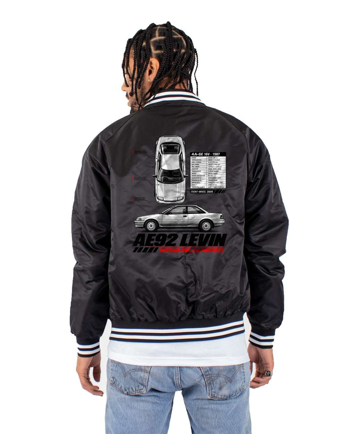 Toyota Corolla Levin AE92 Front-Drive Spec Poster Shirt, 4A-GE Bomber Jacket Black back