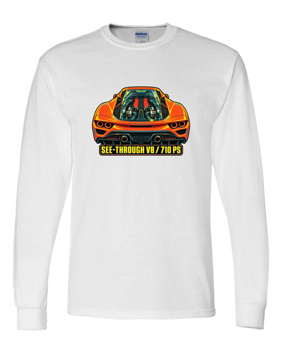 Risograph style print of the Ferrari F8 Tributo transparent engine cover and V8 white long sleeve front view with the design