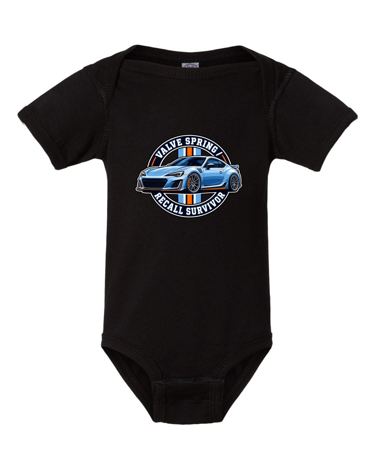 Round varsity crest design for a Subaru BRZ ZC6 reading valve spring recall survivor black baby onesie front view with the design