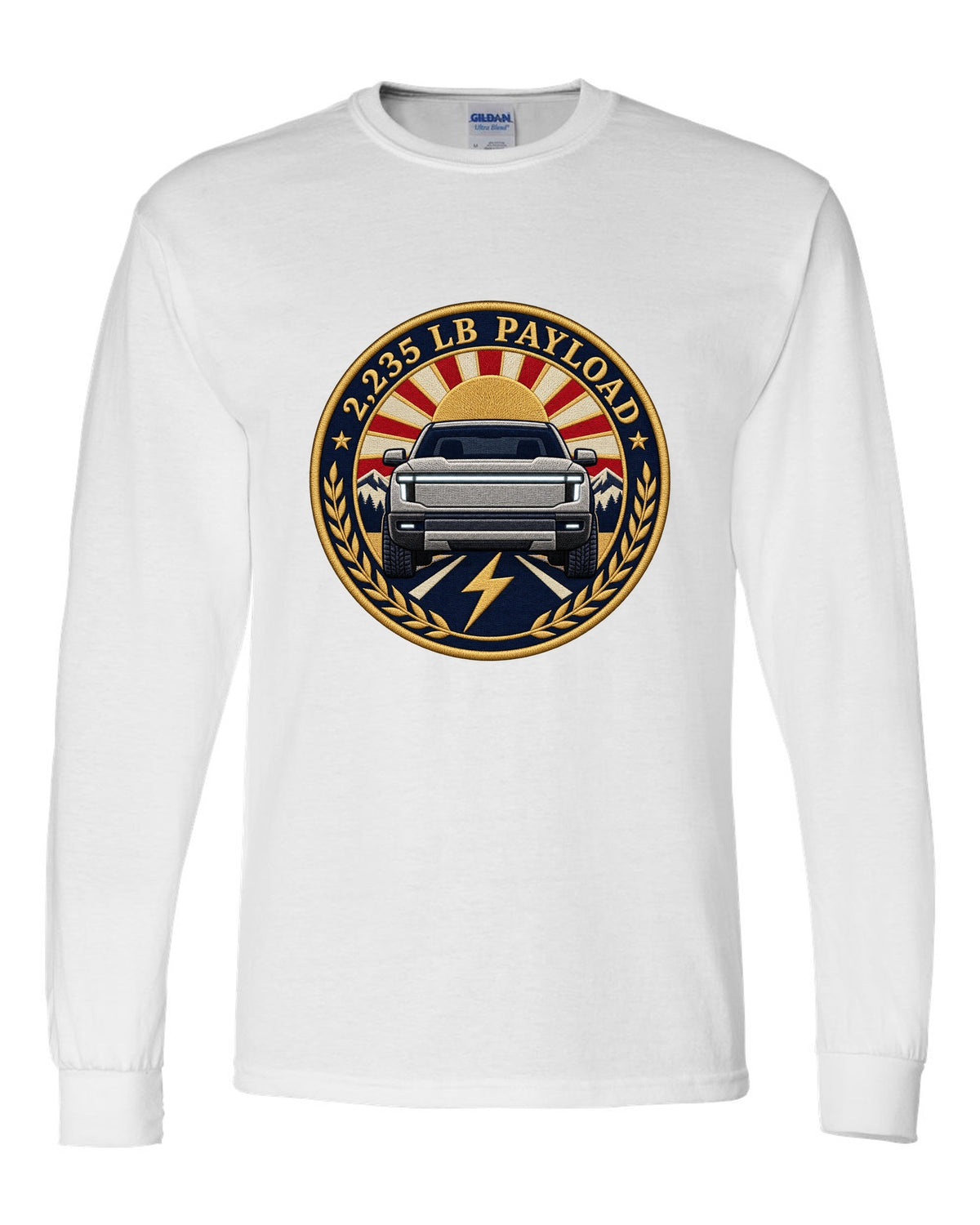 Ford F-150 Lightning embroidery-style round crest with 2,235 lb payload text white long sleeve front view with the design