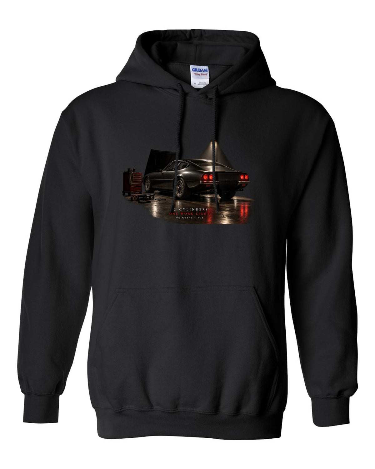 Ferrari 365 GTB/4 Daytona 1971 rear three-quarter garage night print, one work light black pull over hoodie front view with the design