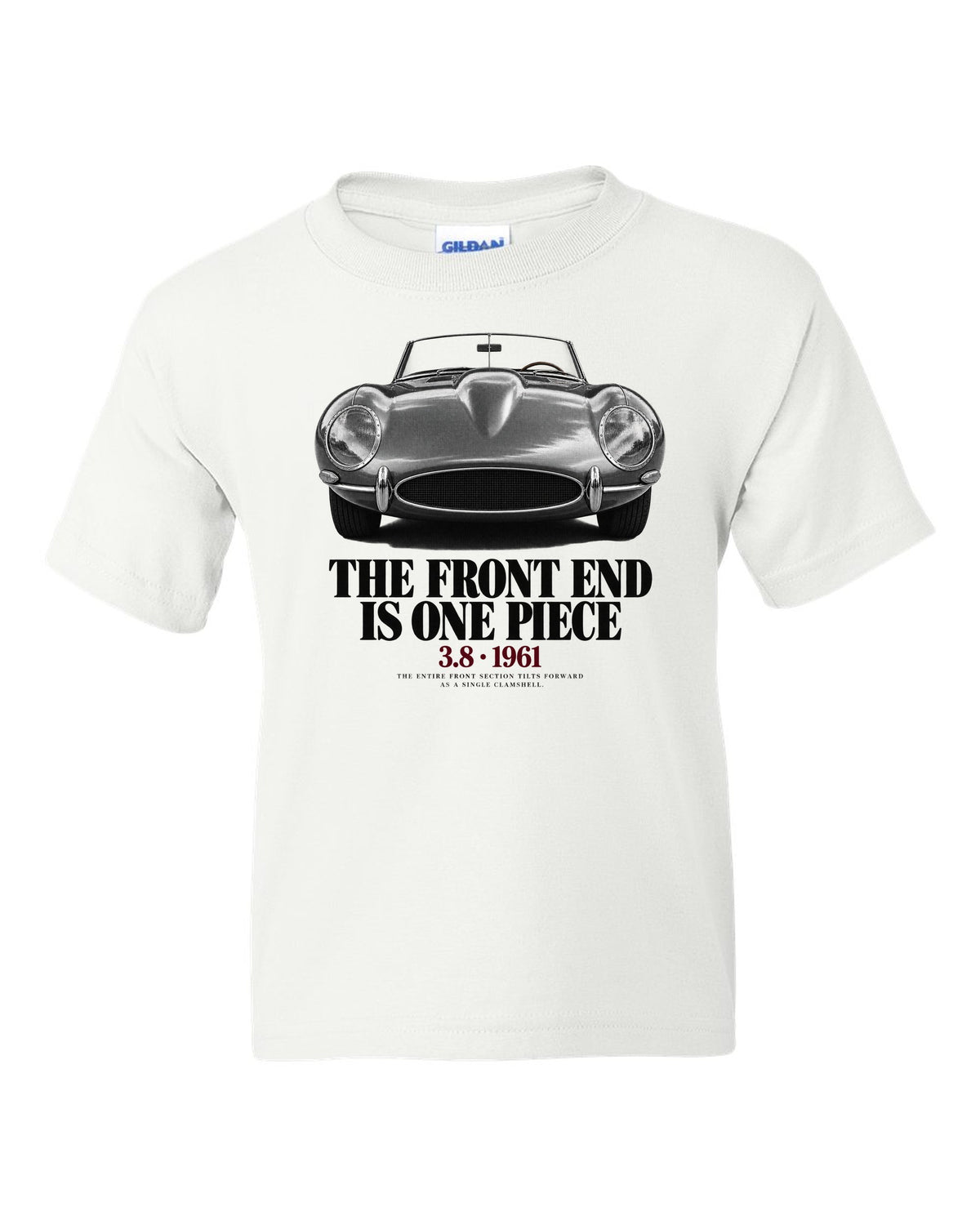 Jaguar E-Type Series 1 front end macro print white kids tee front view with the design