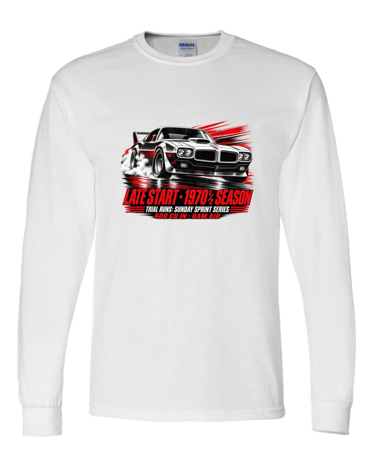 1970 1/2 Pontiac Firebird Trans Am race poster print with Ram Air text white long sleeve front view with the design