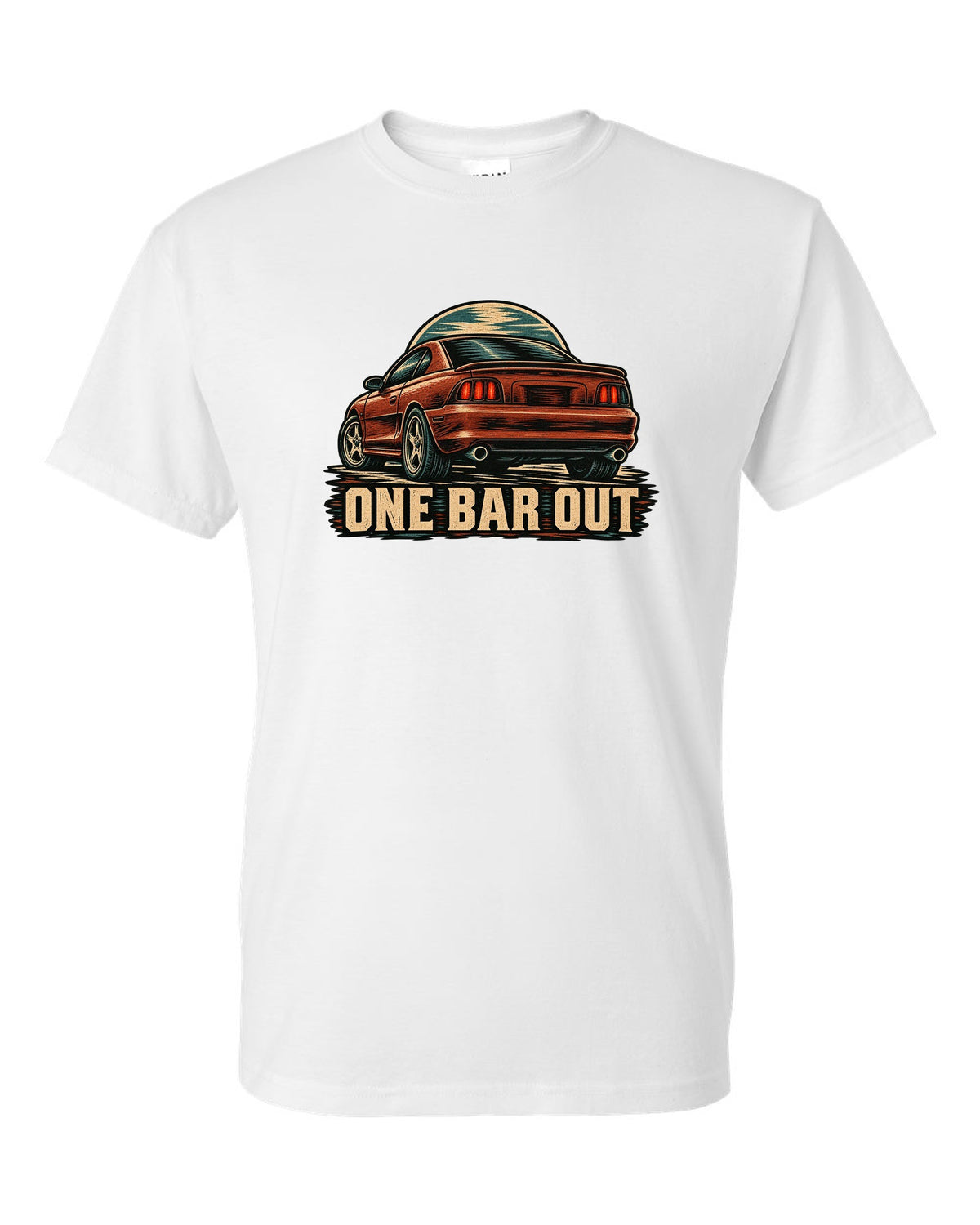 Linocut woodcut print of a 1994-98 SN95 Mustang coupe with One Bar Out text white t-shirt front view with the design