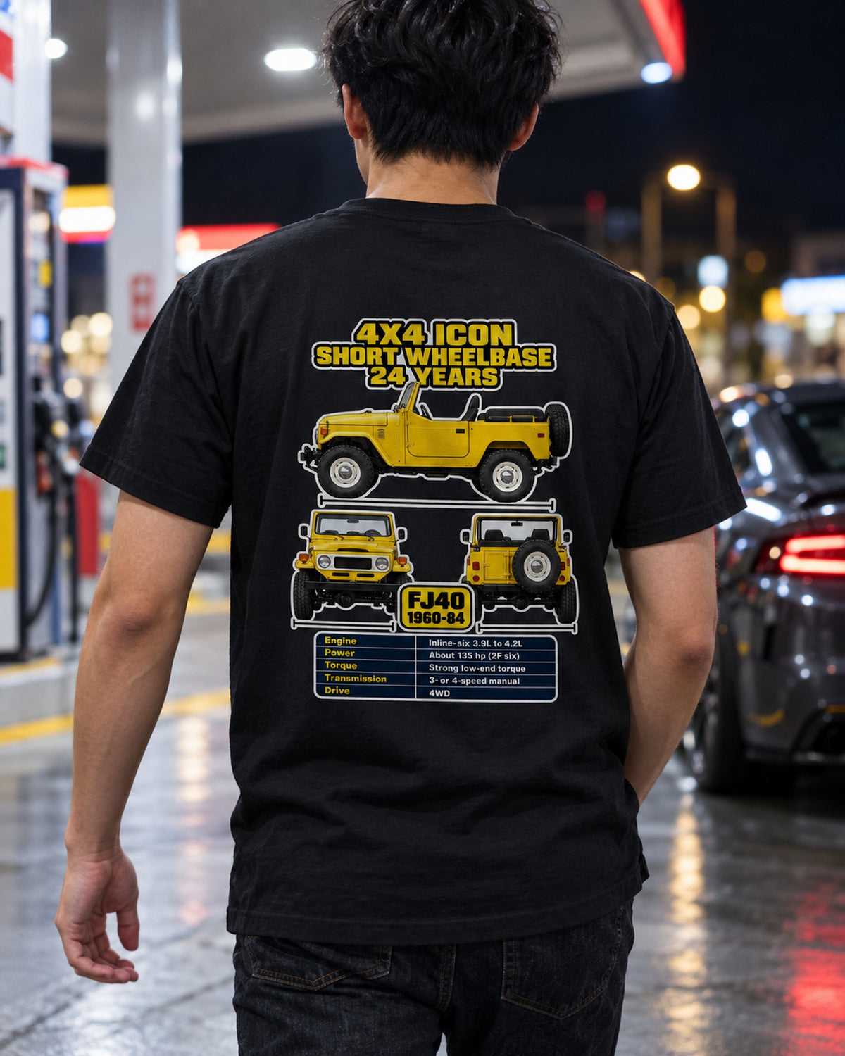 Toyota Fj40 Spec Sheet Full-Back Graphic Tee T-Shirt Black worn hero