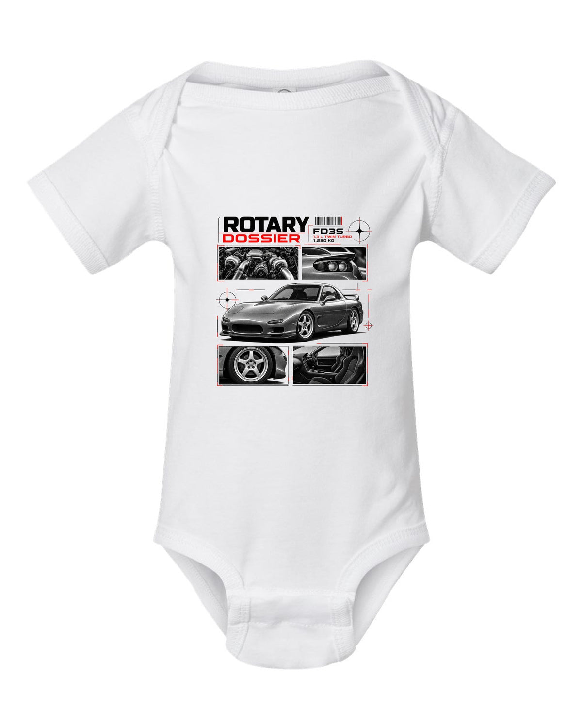 Dossier print of a Mazda RX-7 FD3S front three-quarter with detail panels white baby onesie front view with the design