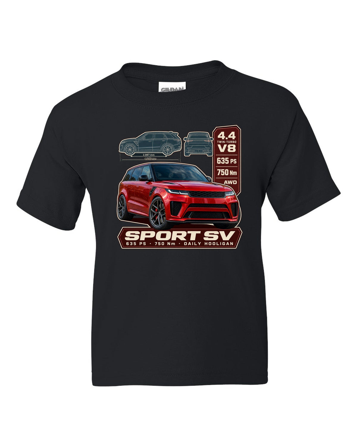Spec poster print of the Range Rover Sport SV L461 with power and torque black kids tee front view with the design