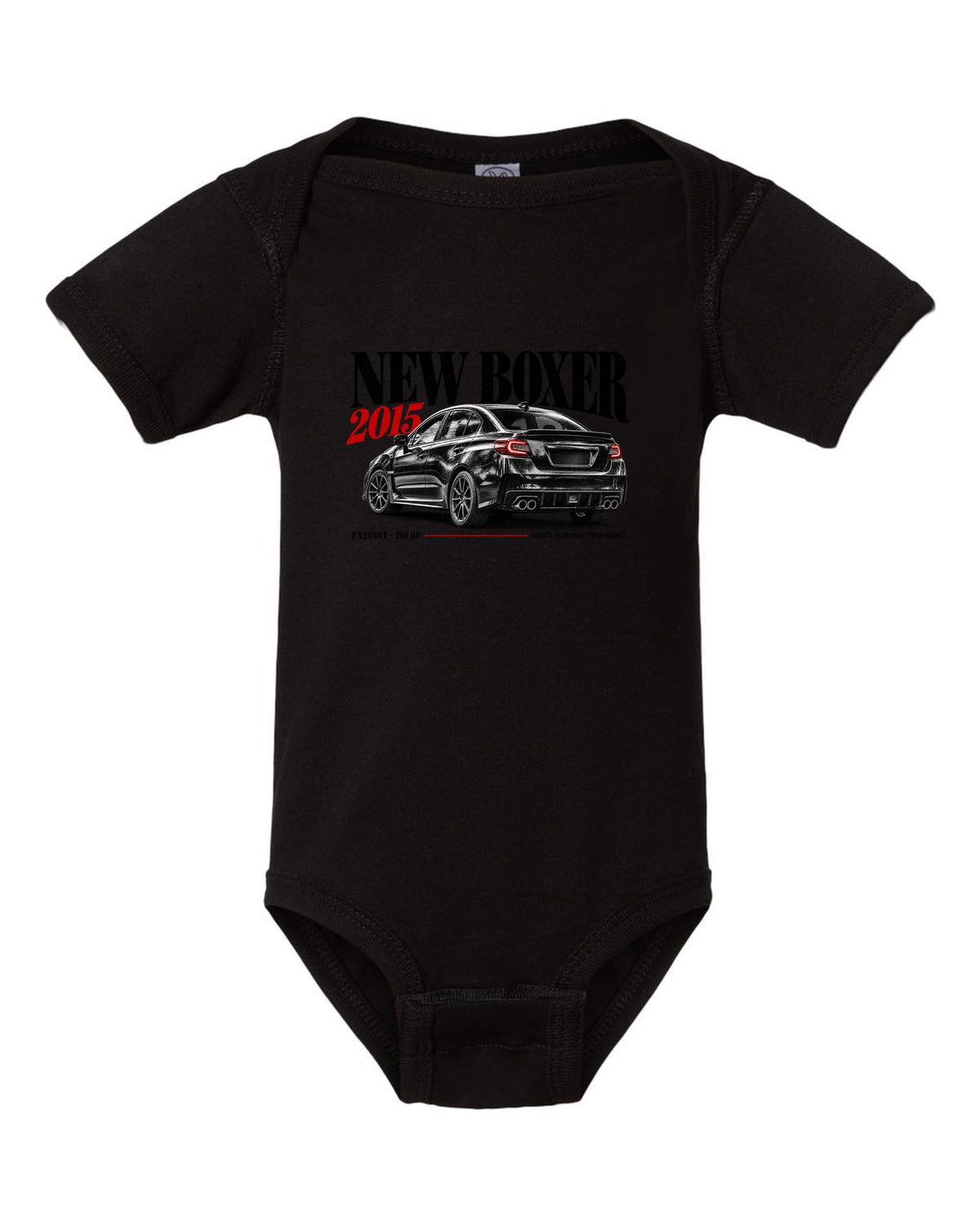 Editorial headline print for the Subaru WRX VA saloon reading New Boxer, 2015, FA20DIT, 268 HP black baby onesie front view with the design