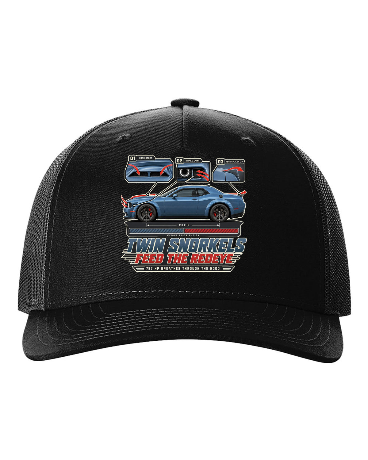 Dodge Challenger Hellcat Redeye Widebody aero callouts showing twin hood snorkels black hat front view with the design