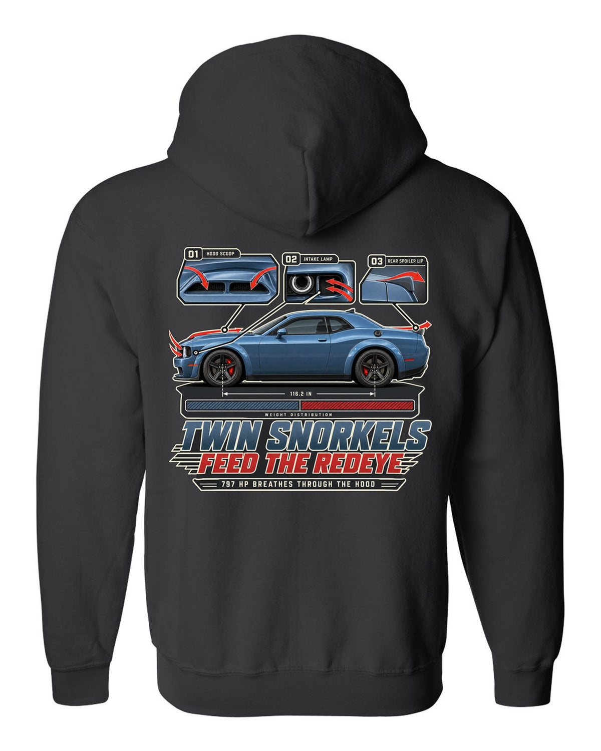 Dodge Challenger Hellcat Redeye Widebody aero callouts showing twin hood snorkels black zip hoodie back view with the design