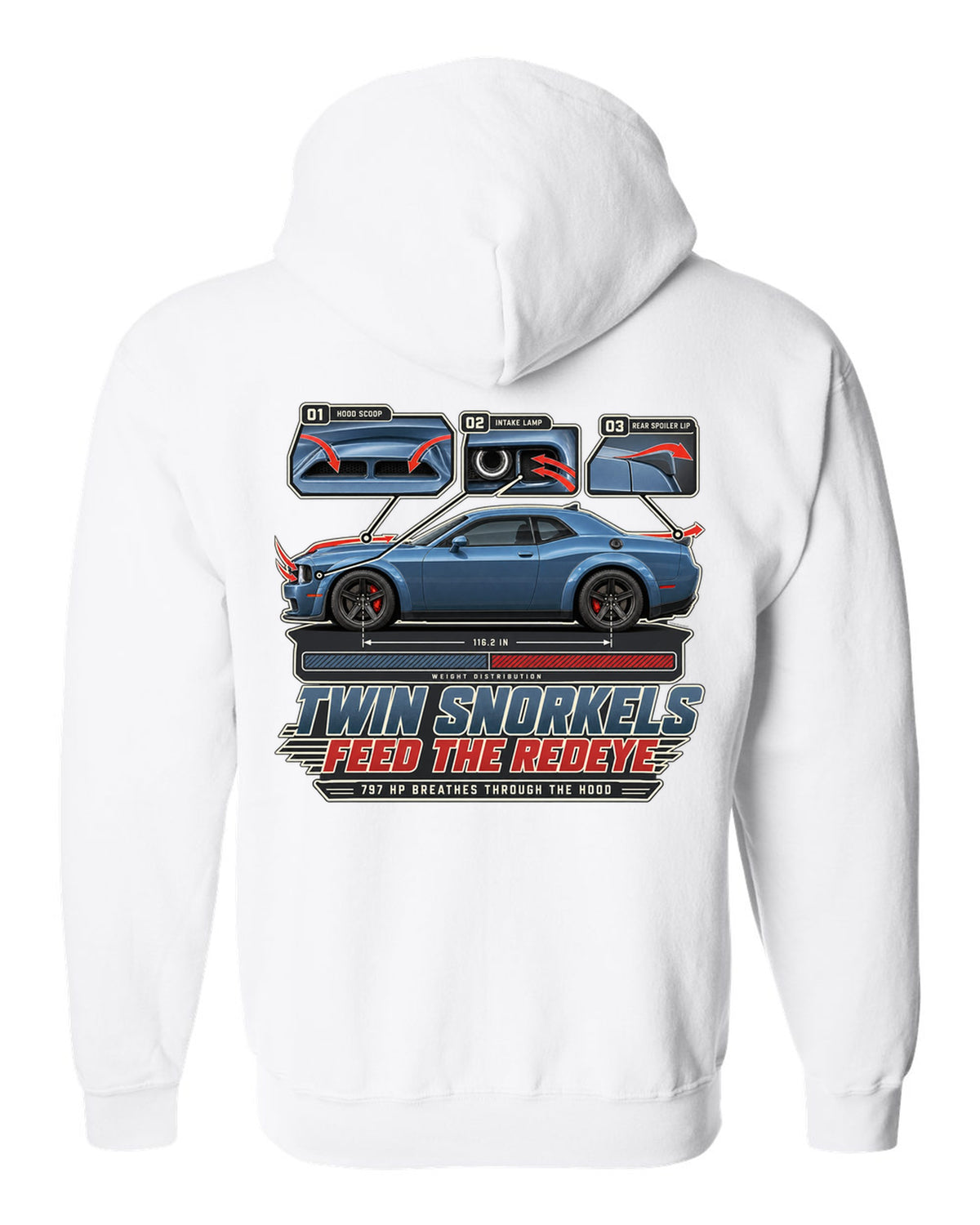 Dodge Challenger Hellcat Redeye Widebody aero callouts showing twin hood snorkels white zip hoodie back view with the design