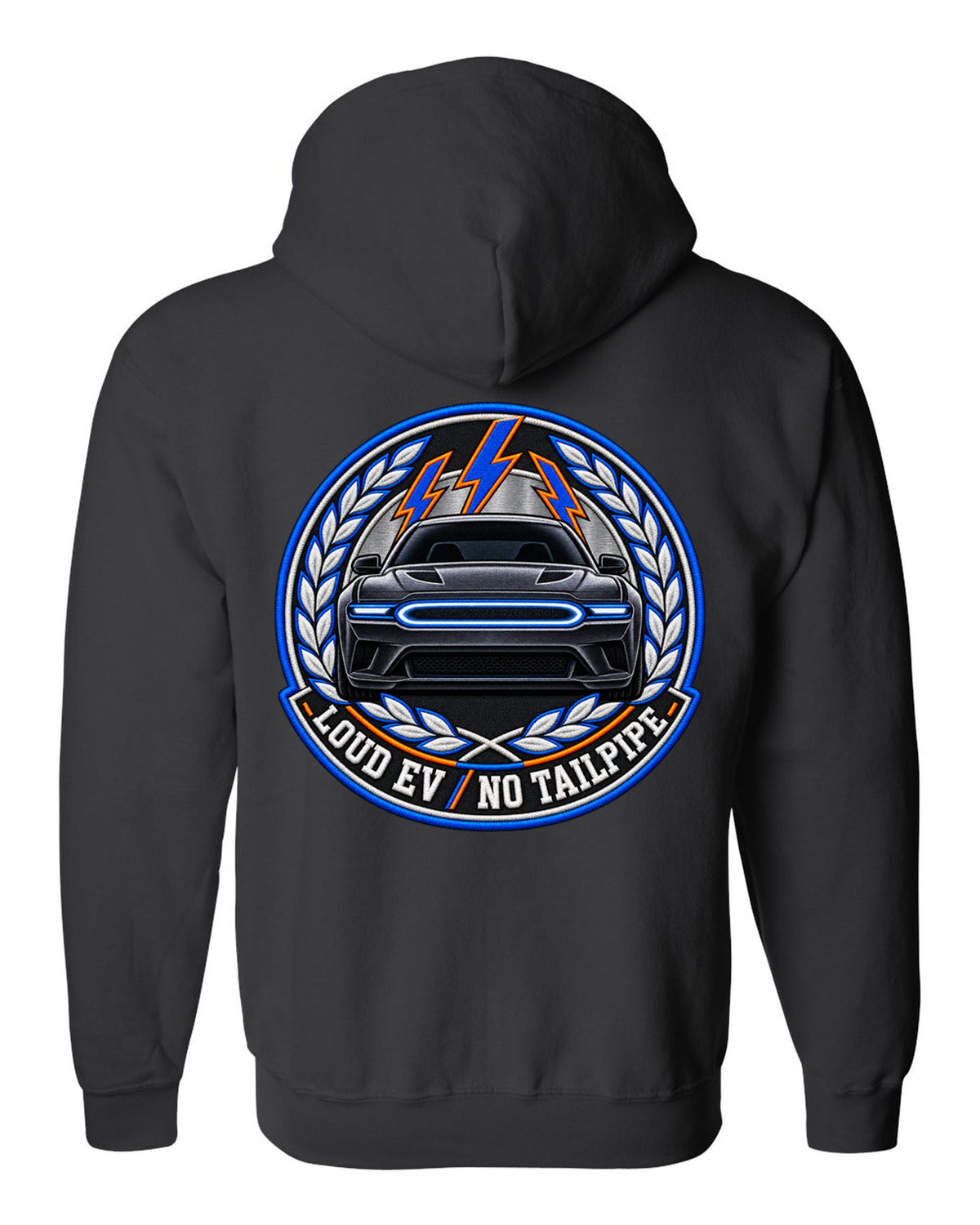 Embroidery-style varsity crest for the 2024 Dodge Charger Daytona EV with loud EV no tailpipe text black zip hoodie back view with the design