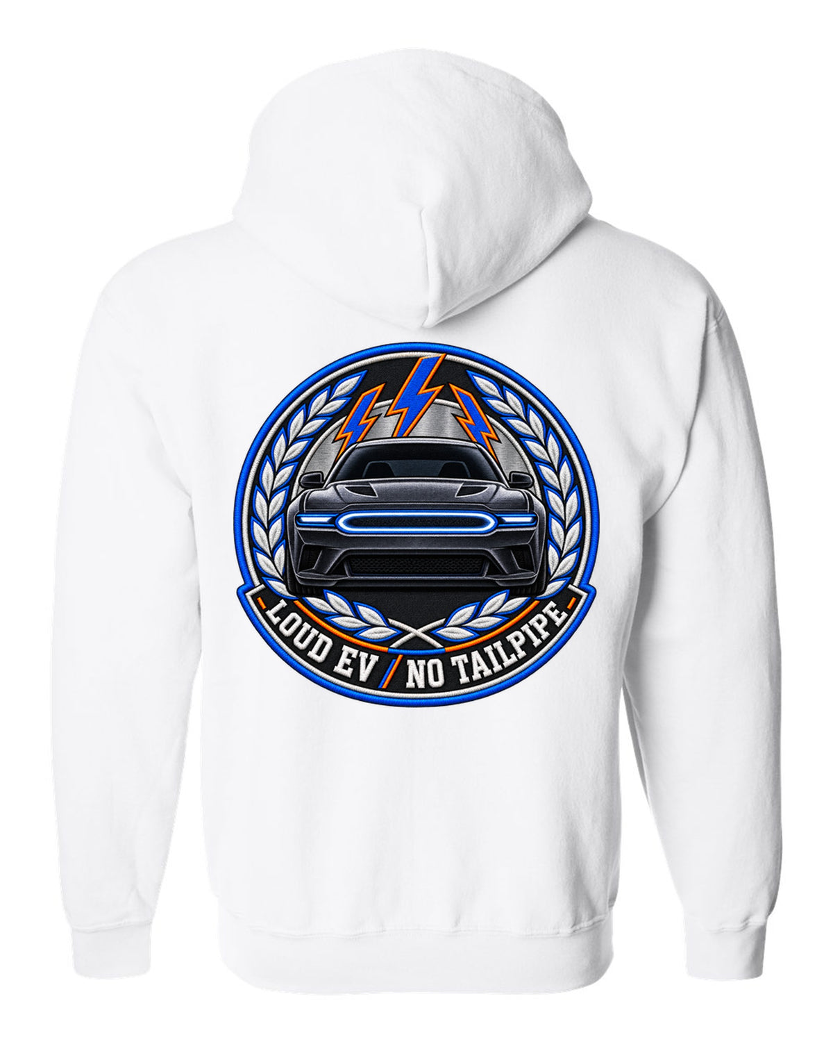 Embroidery-style varsity crest for the 2024 Dodge Charger Daytona EV with loud EV no tailpipe text white zip hoodie back view with the design