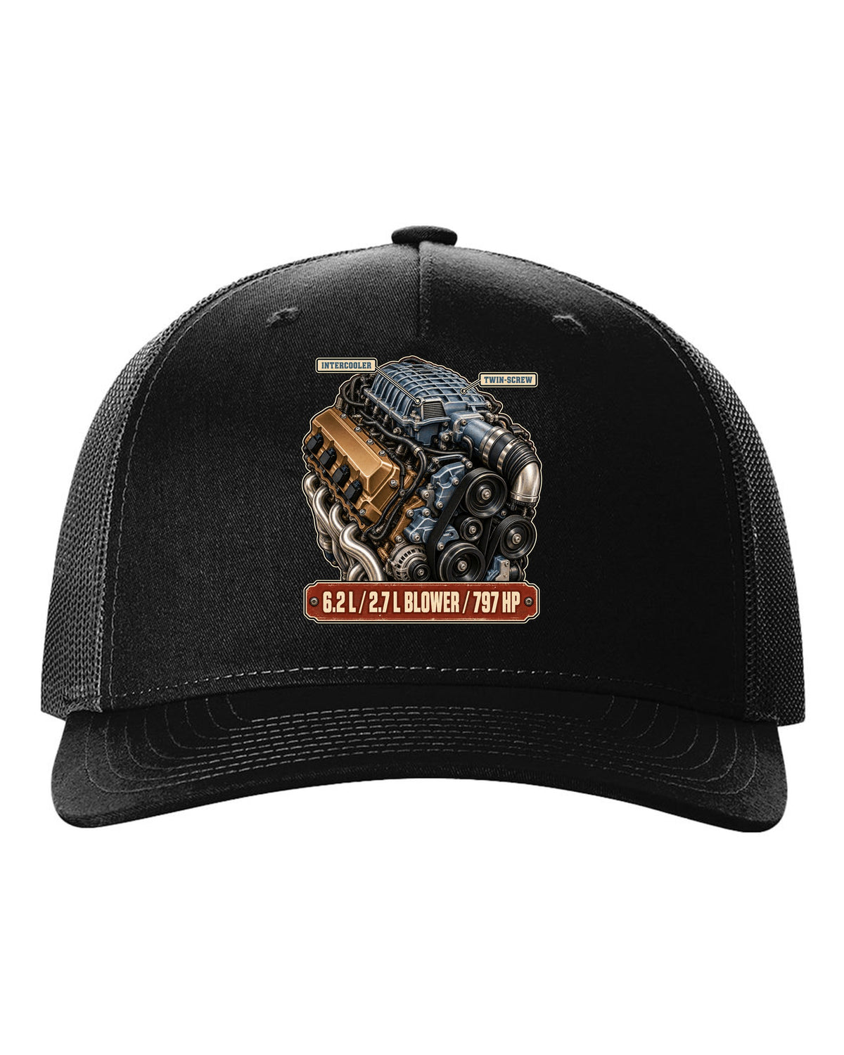 print of the supercharged 6.2L V8 from a Dodge Charger SRT Hellcat Redeye black hat front view with the design