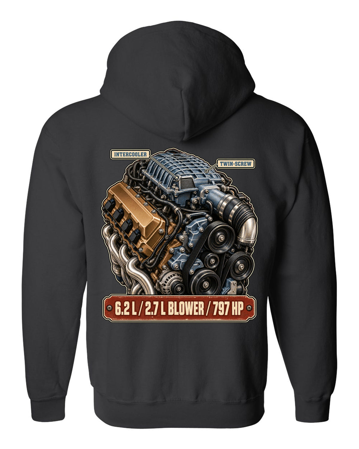 print of the supercharged 6.2L V8 from a Dodge Charger SRT Hellcat Redeye black zip hoodie back view with the design