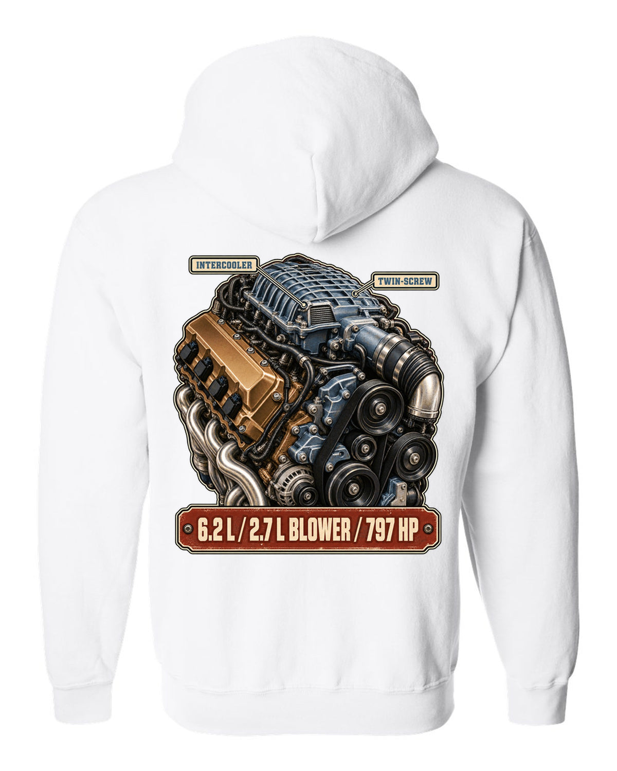 print of the supercharged 6.2L V8 from a Dodge Charger SRT Hellcat Redeye white zip hoodie back view with the design