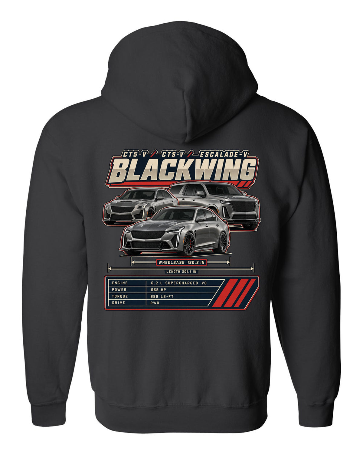 Spec poster print of a Dodge Charger SRT Hellcat Redeye Widebody black zip hoodie back view with the design