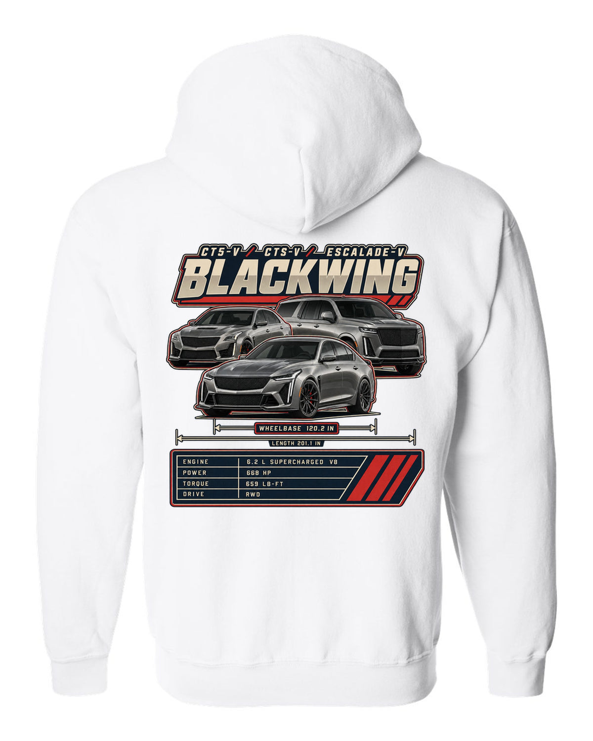 Spec poster print of a Dodge Charger SRT Hellcat Redeye Widebody white zip hoodie back view with the design