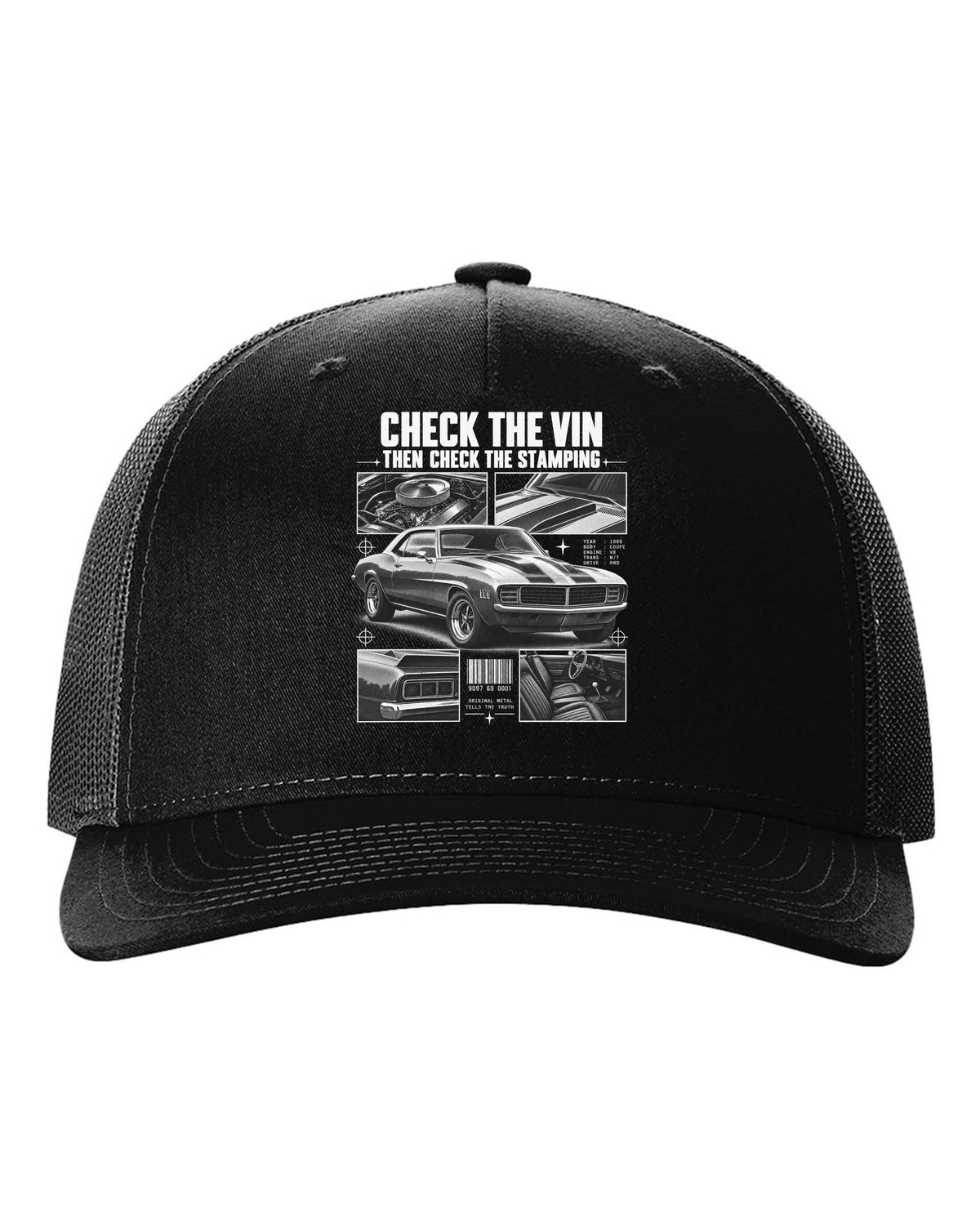 Dossier-panel print of a 1969 Chevrolet Camaro with check the VIN and stamping text black hat front view with the design