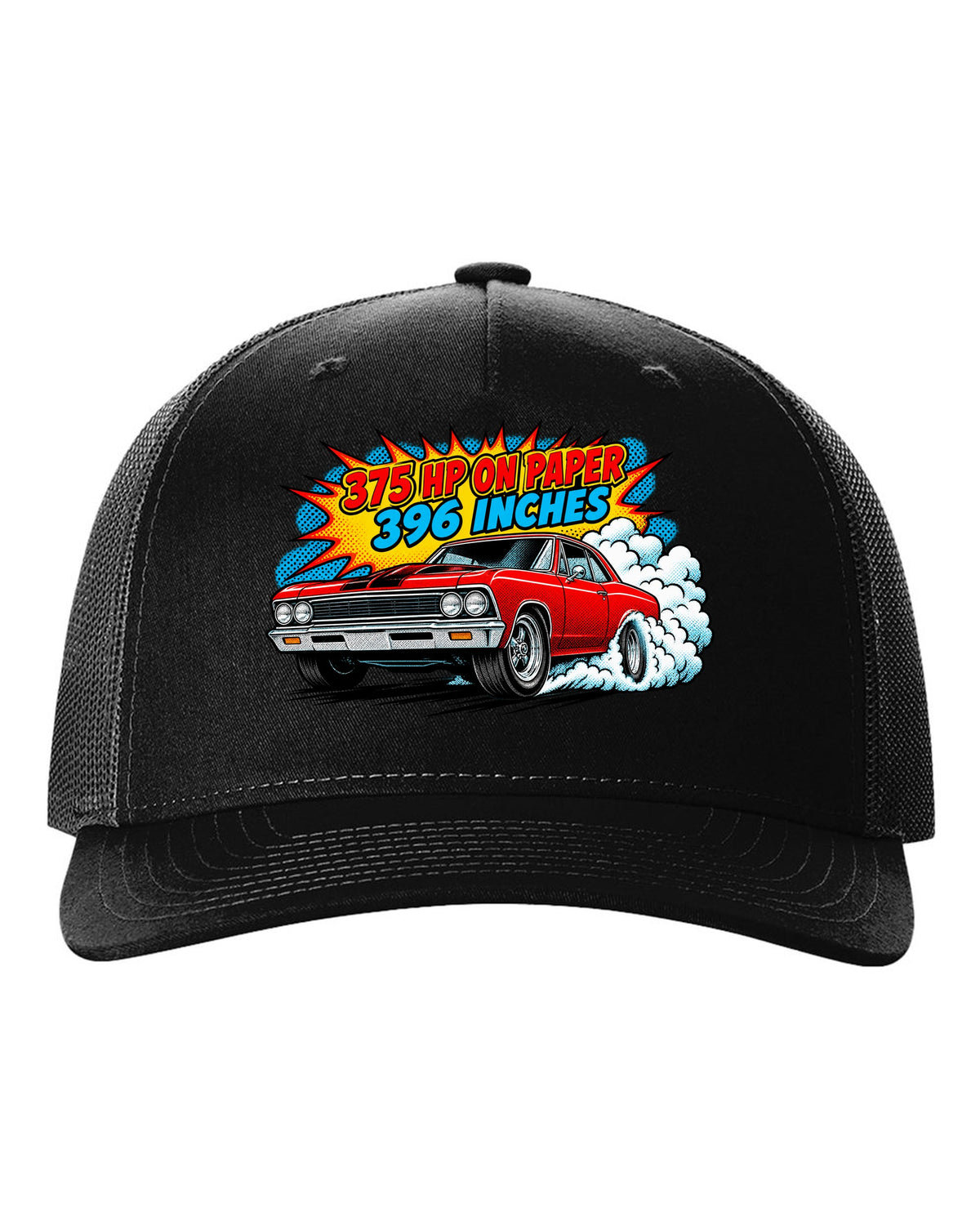 Comic halftone print of a 1966 Chevelle Malibu SS burnout with the text 375 HP on paper, 396 inches black hat front view with the design