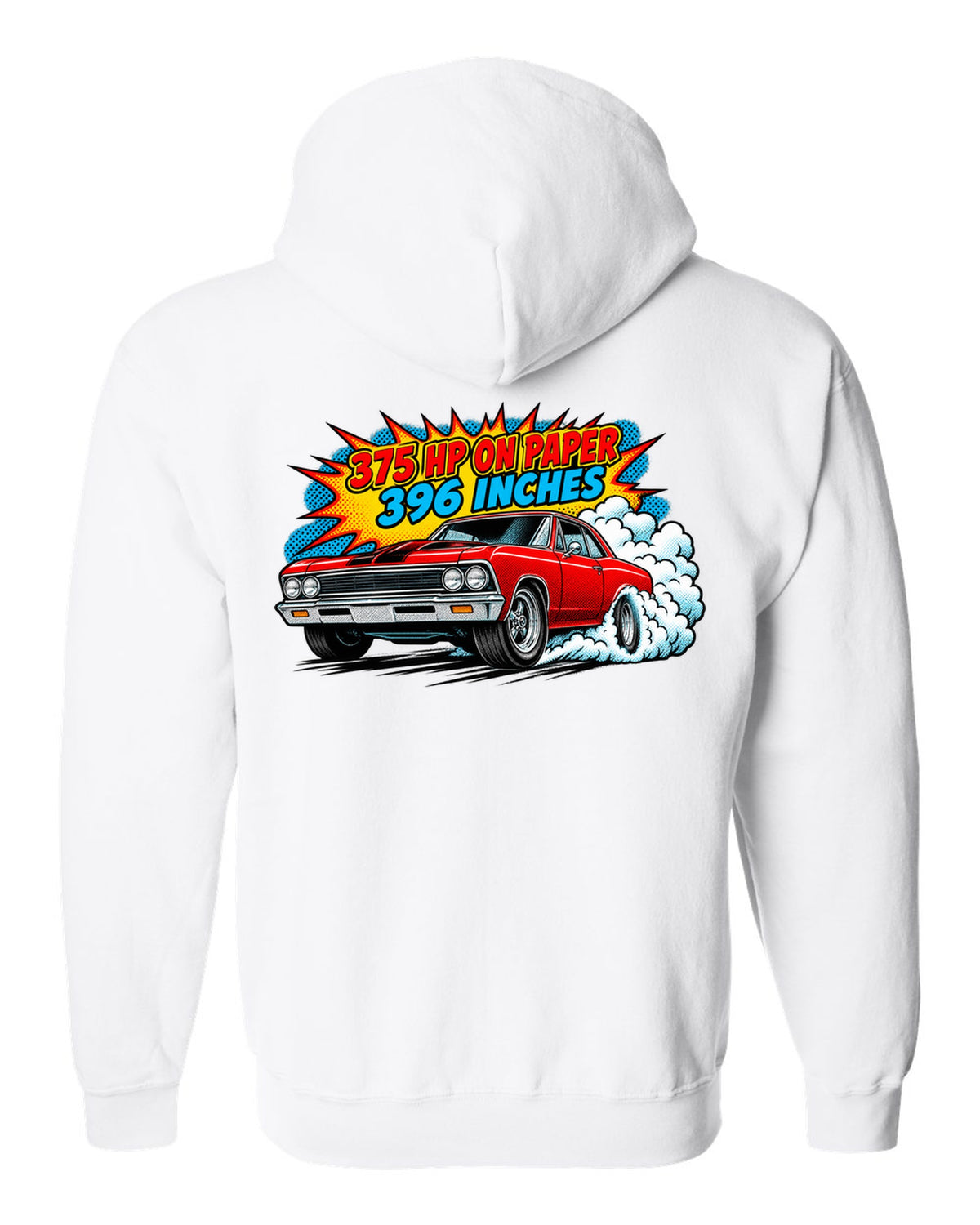 Comic halftone print of a 1966 Chevelle Malibu SS burnout with the text 375 HP on paper, 396 inches white zip hoodie back view with the design