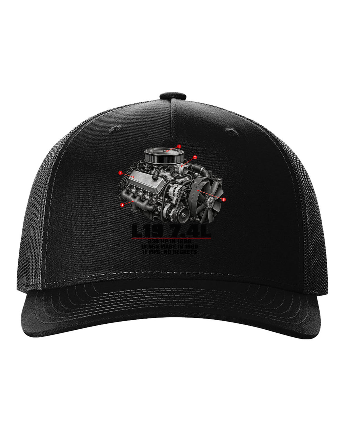 Engine print of a 1990-93 Chevrolet 454 SS pickup with L19 7.4L and 230 HP text black hat front view with the design