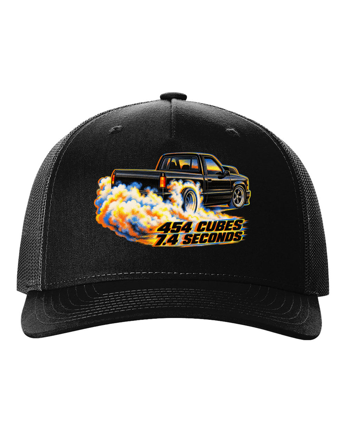 Risograph burnout smoke print of a 1990-93 Chevrolet 454 SS pickup with 454 cubes text black hat front view with the design