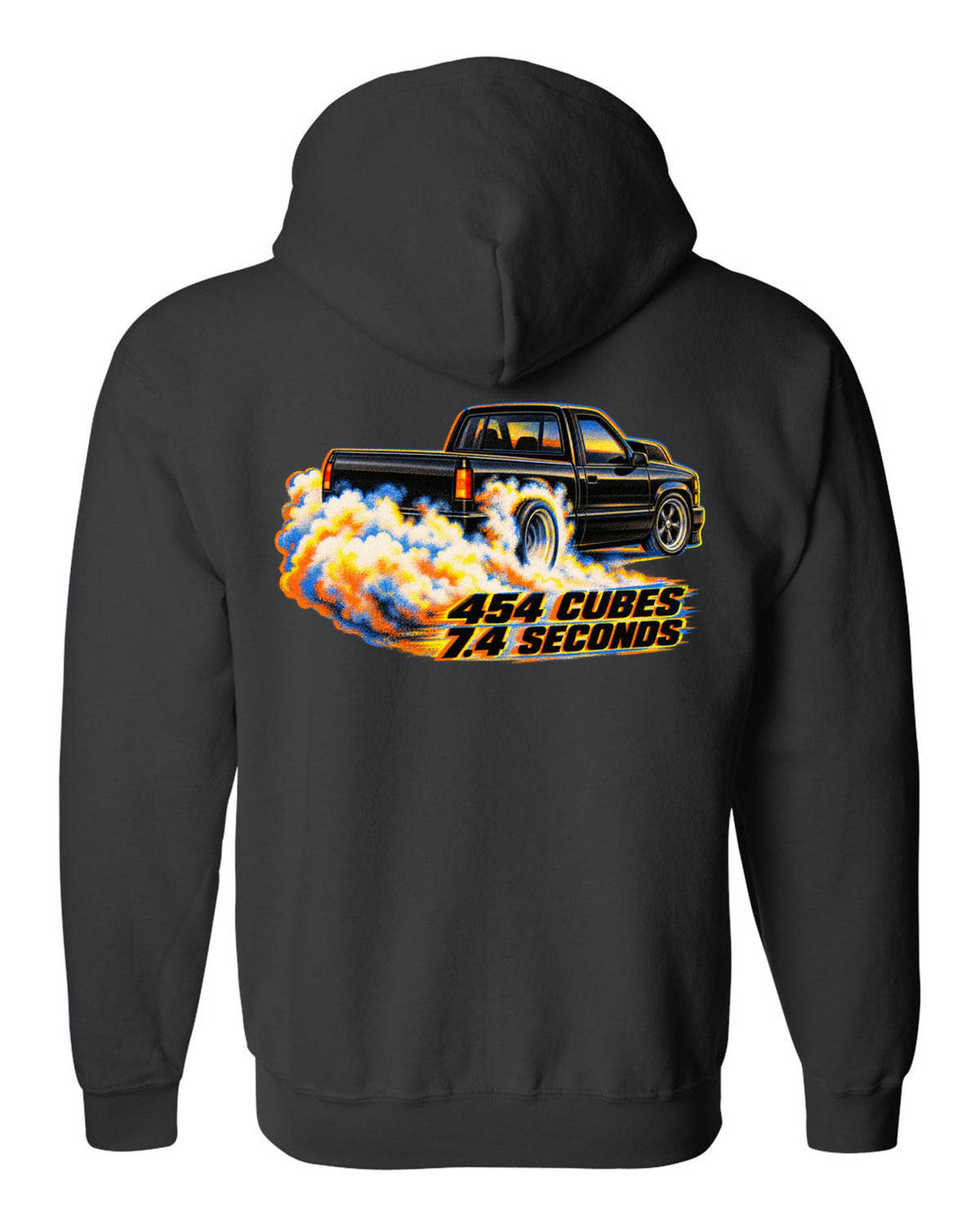 Risograph burnout smoke print of a 1990-93 Chevrolet 454 SS pickup with 454 cubes text black zip hoodie back view with the design
