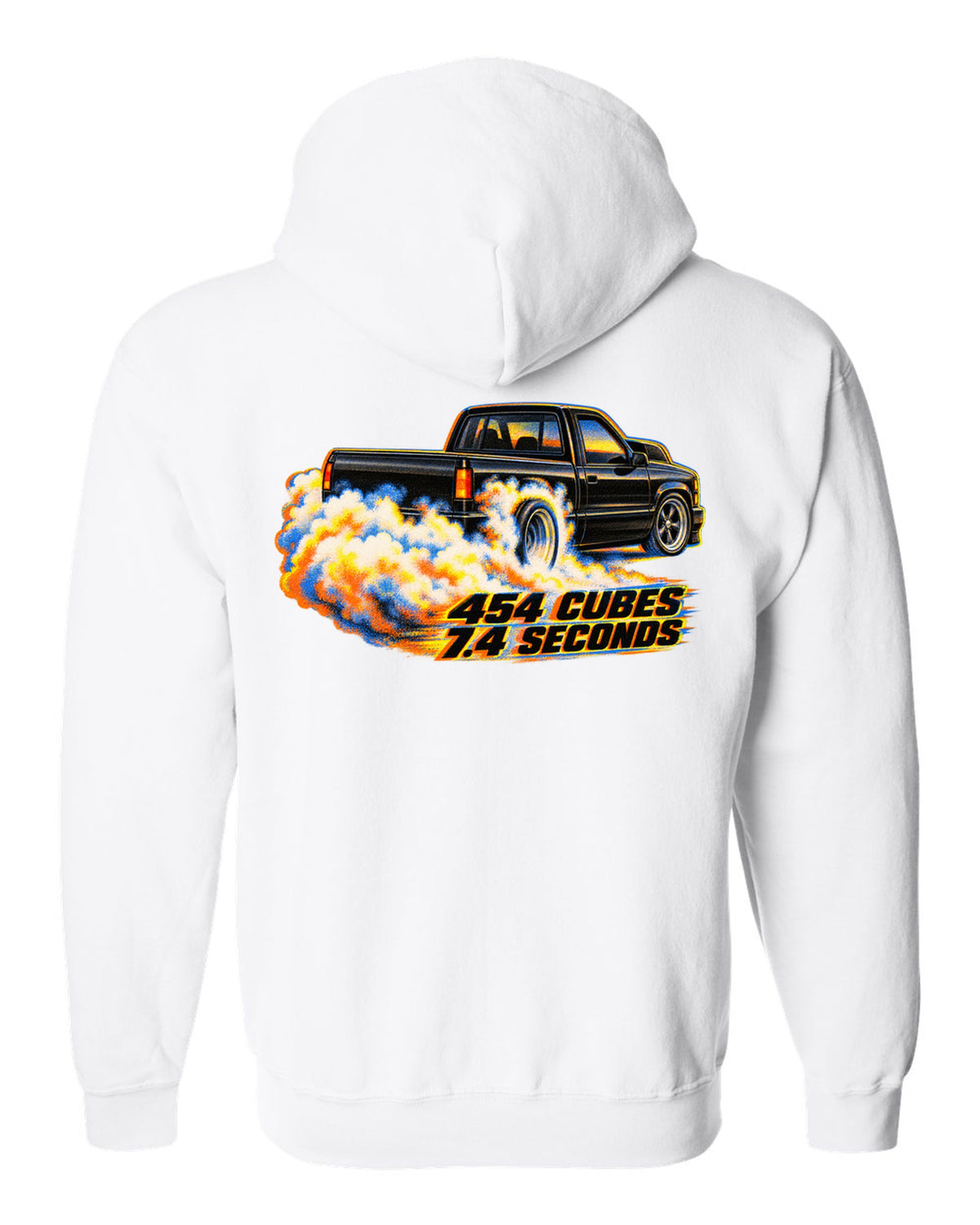 Risograph burnout smoke print of a 1990-93 Chevrolet 454 SS pickup with 454 cubes text white zip hoodie back view with the design