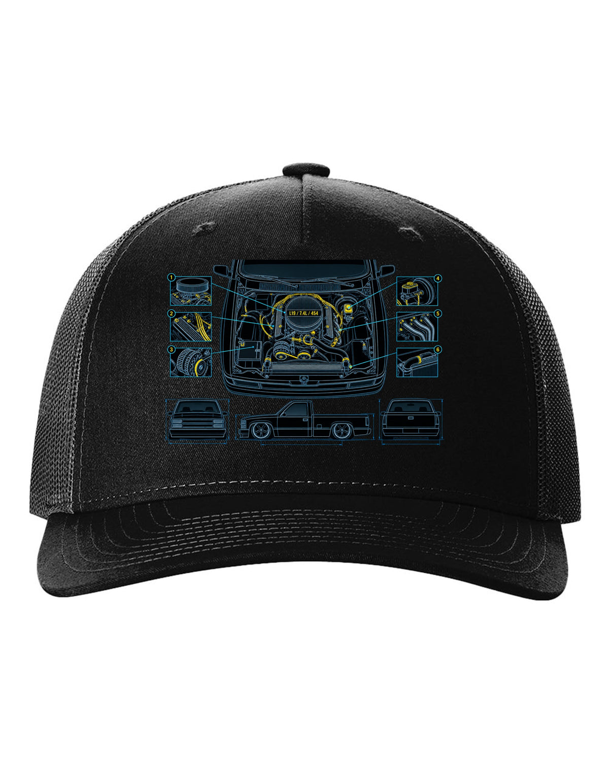 Technical blueprint print of the engine bay on a 1990-93 Chevrolet 454 SS pickup with L19 7.4L 454 text black hat front view with the design
