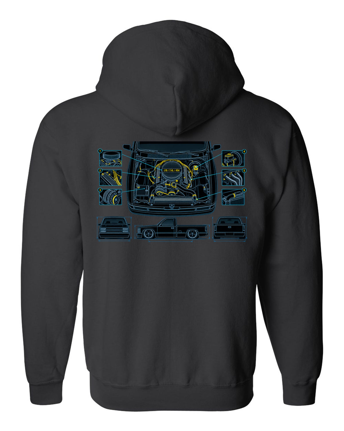 Technical blueprint print of the engine bay on a 1990-93 Chevrolet 454 SS pickup with L19 7.4L 454 text black zip hoodie back view with the design