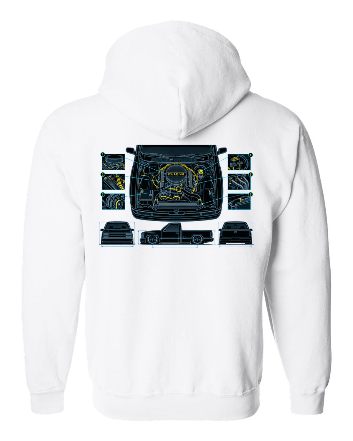 Technical blueprint print of the engine bay on a 1990-93 Chevrolet 454 SS pickup with L19 7.4L 454 text white zip hoodie back view with the design