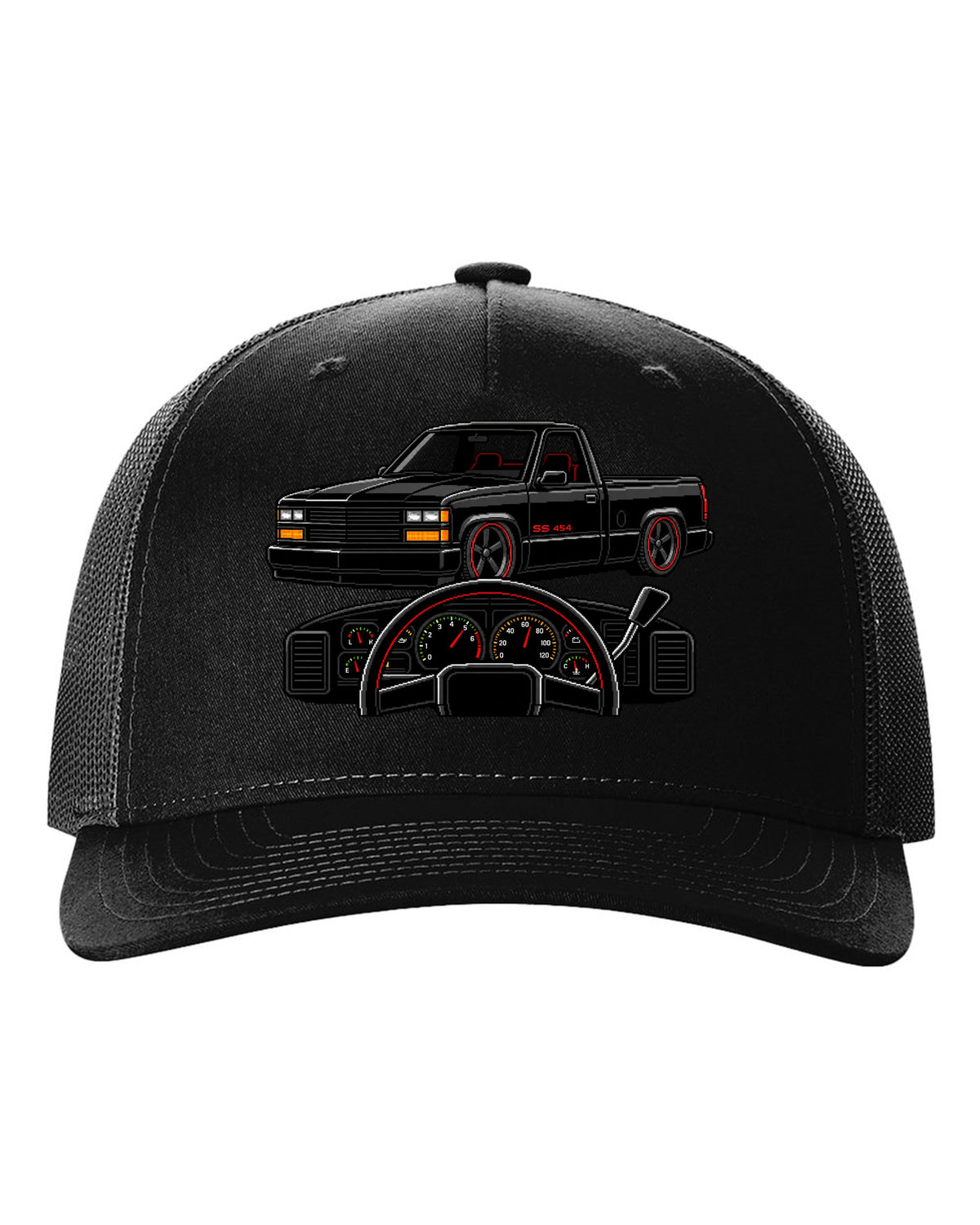 16-bit pixel art gauge print for a 1990-93 Chevrolet 454 SS pickup with SS 454 text black hat front view with the design
