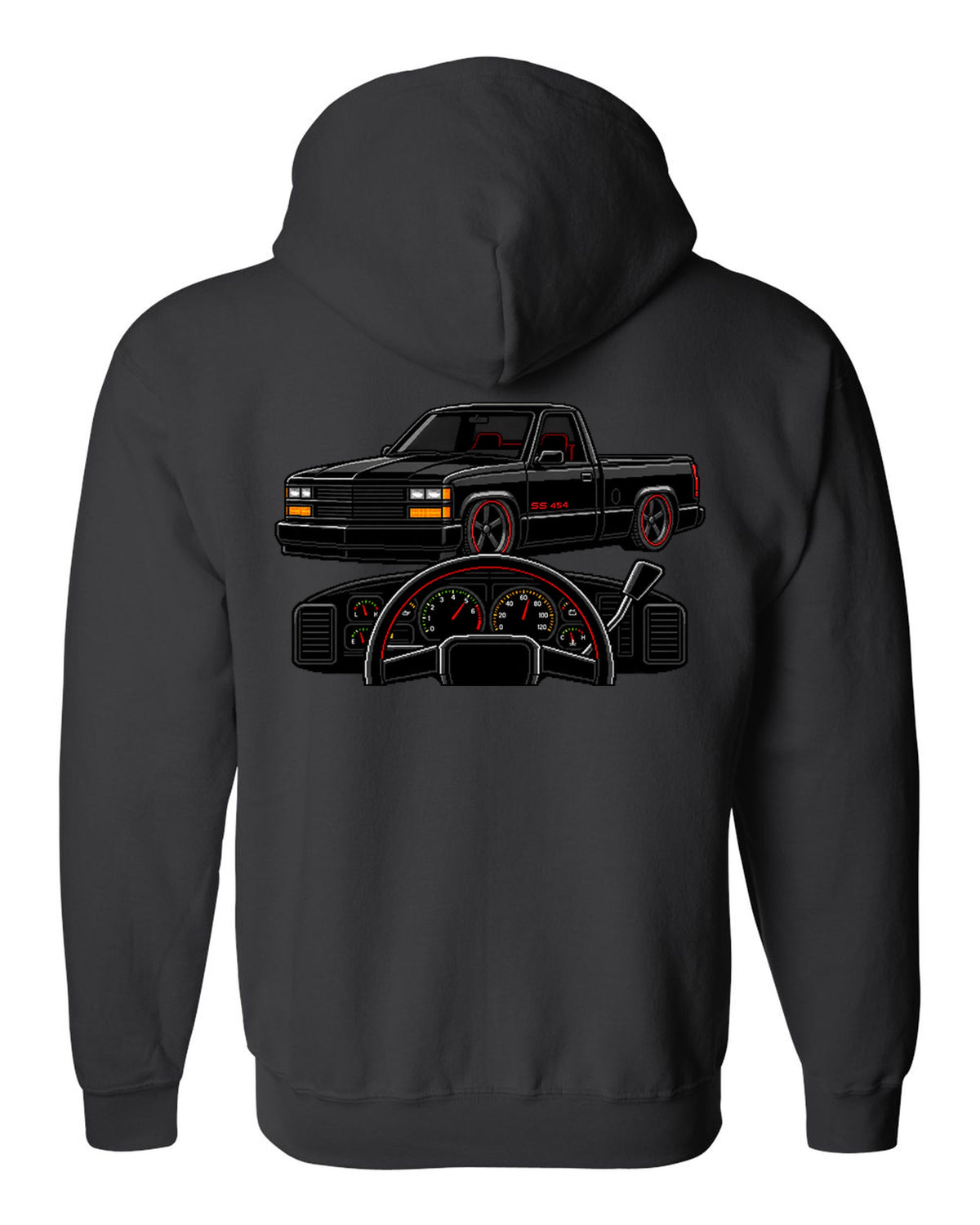 16-bit pixel art gauge print for a 1990-93 Chevrolet 454 SS pickup with SS 454 text black zip hoodie back view with the design