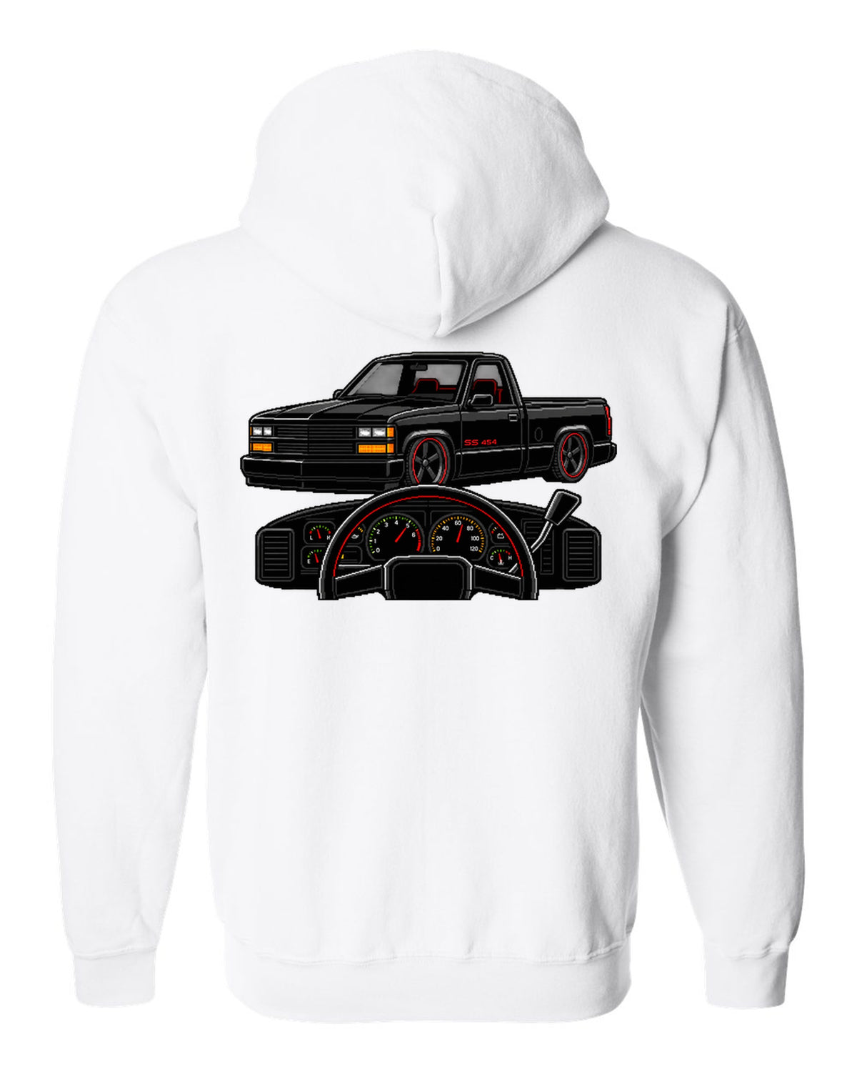 16-bit pixel art gauge print for a 1990-93 Chevrolet 454 SS pickup with SS 454 text white zip hoodie back view with the design