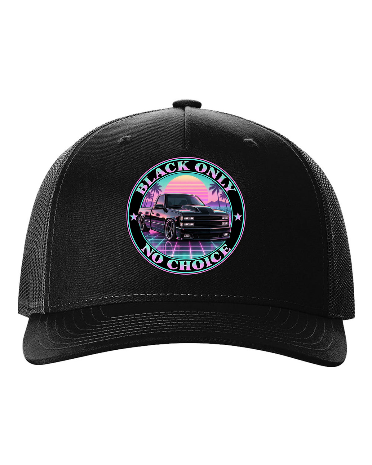 Pastel vaporwave print of a 1990-93 Chevrolet 454 SS pickup with black only no choice lettering black hat front view with the design