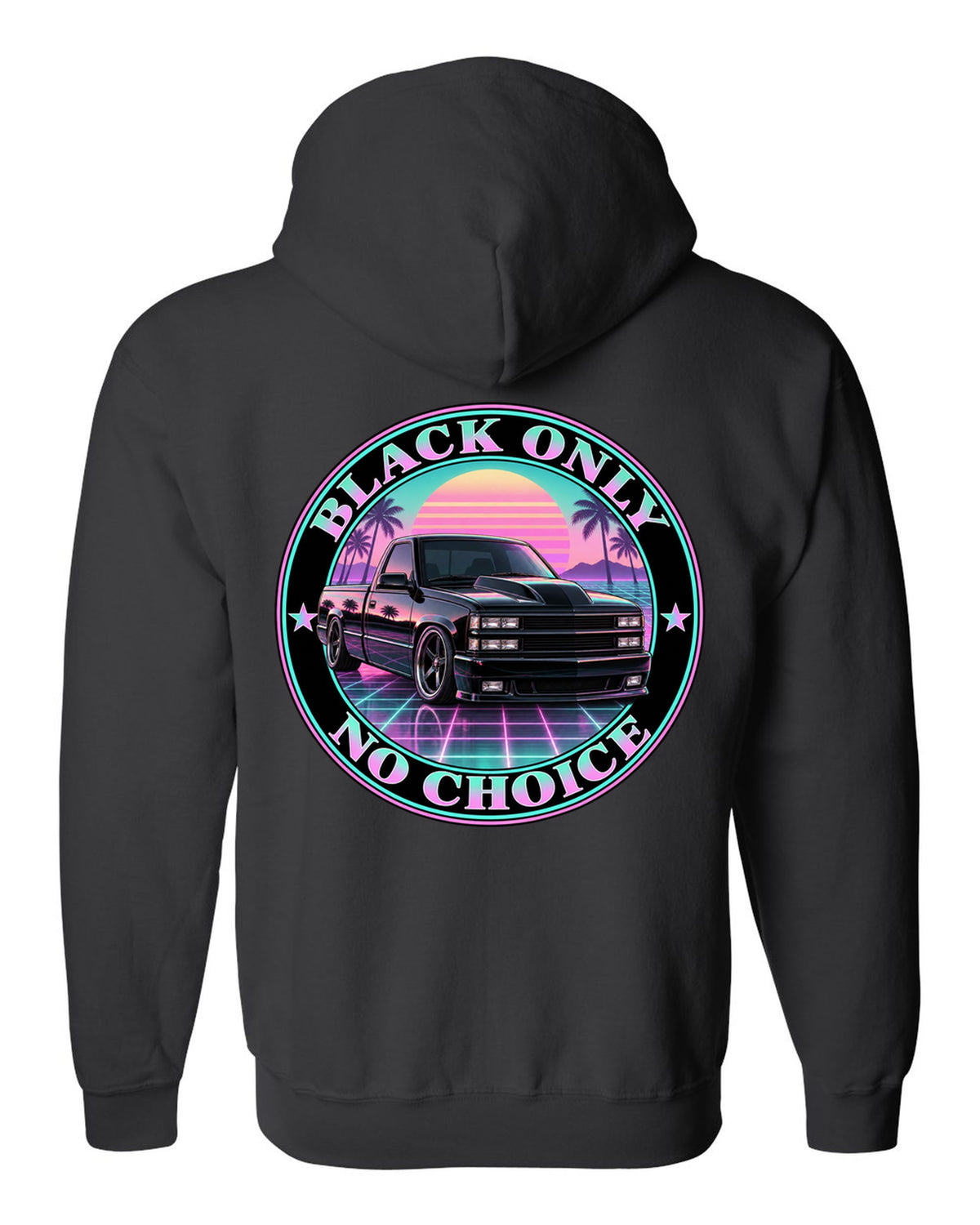 Pastel vaporwave print of a 1990-93 Chevrolet 454 SS pickup with black only no choice lettering black zip hoodie back view with the design