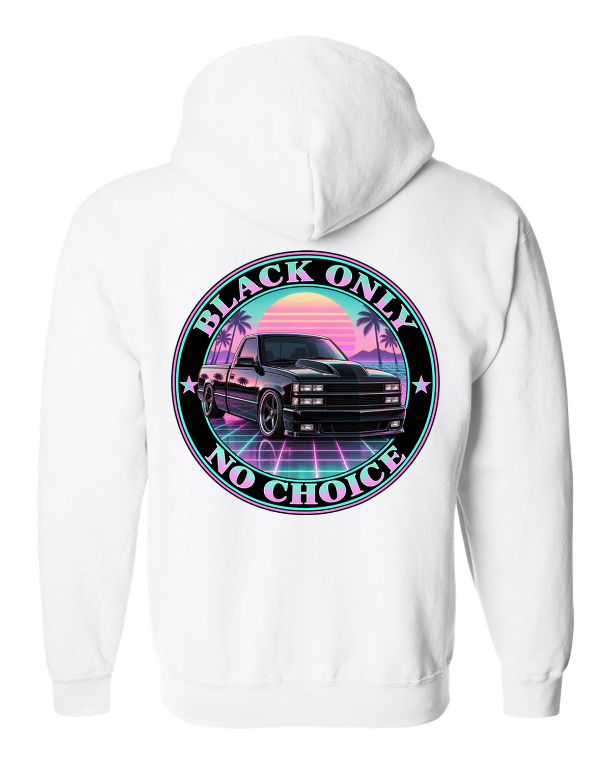 Pastel vaporwave print of a 1990-93 Chevrolet 454 SS pickup with black only no choice lettering white zip hoodie back view with the design