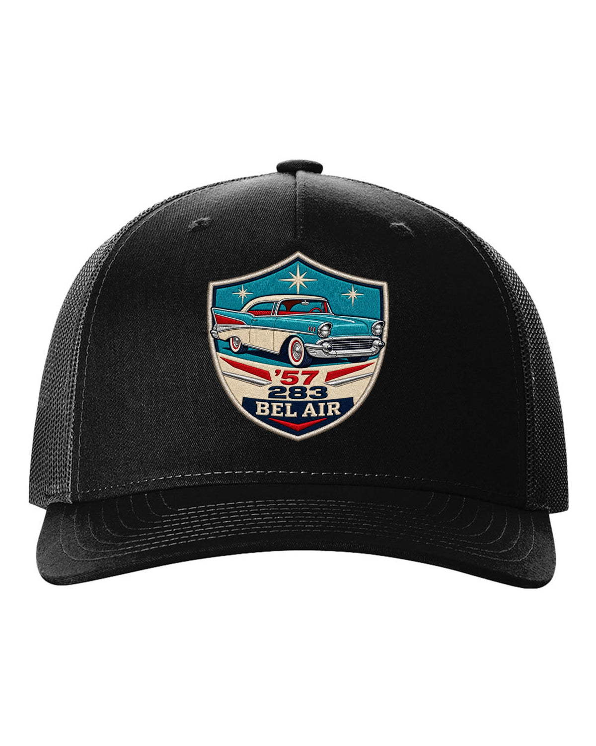 Original shield crest print for a 1957 Chevrolet Bel Air with 283 lettering black hat front view with the design