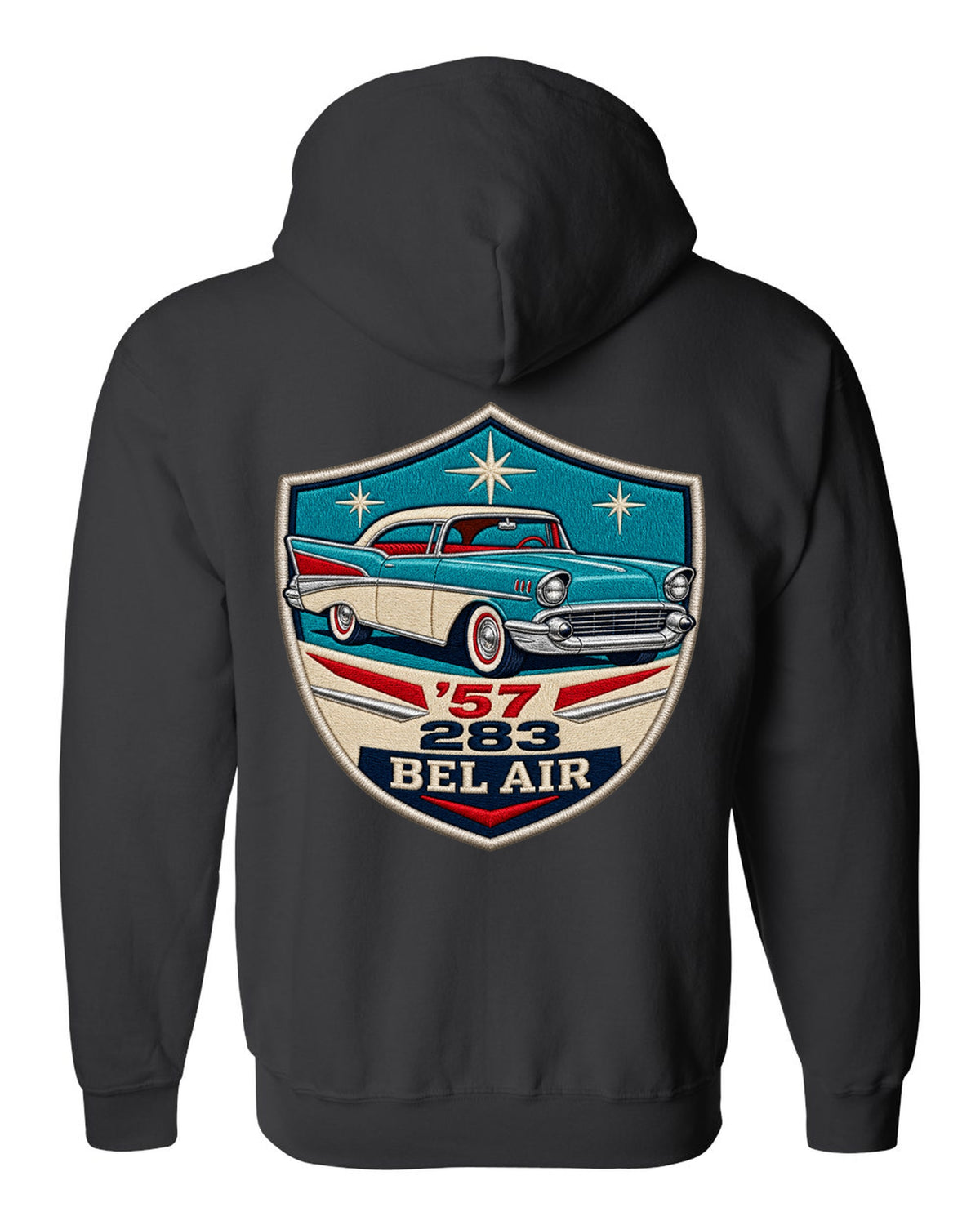 Original shield crest print for a 1957 Chevrolet Bel Air with 283 lettering black zip hoodie back view with the design