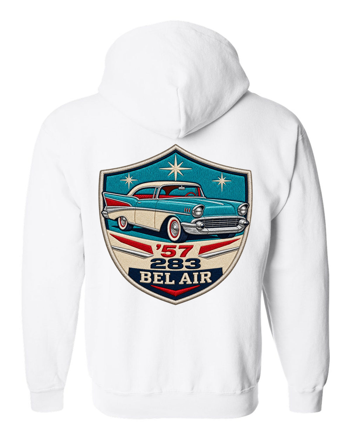 Original shield crest print for a 1957 Chevrolet Bel Air with 283 lettering white zip hoodie back view with the design