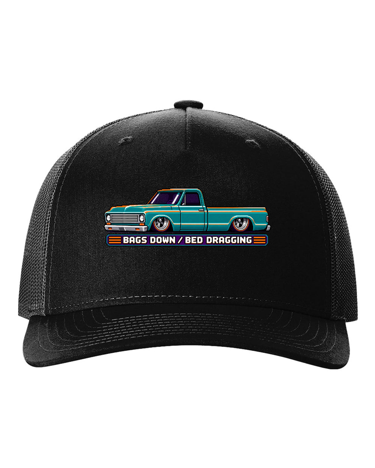 8/16-bit pixel art print of a bagged 1967-72 Chevrolet C10 Action Line Fleetside with bags down bed dragging lettering black hat front view with the design