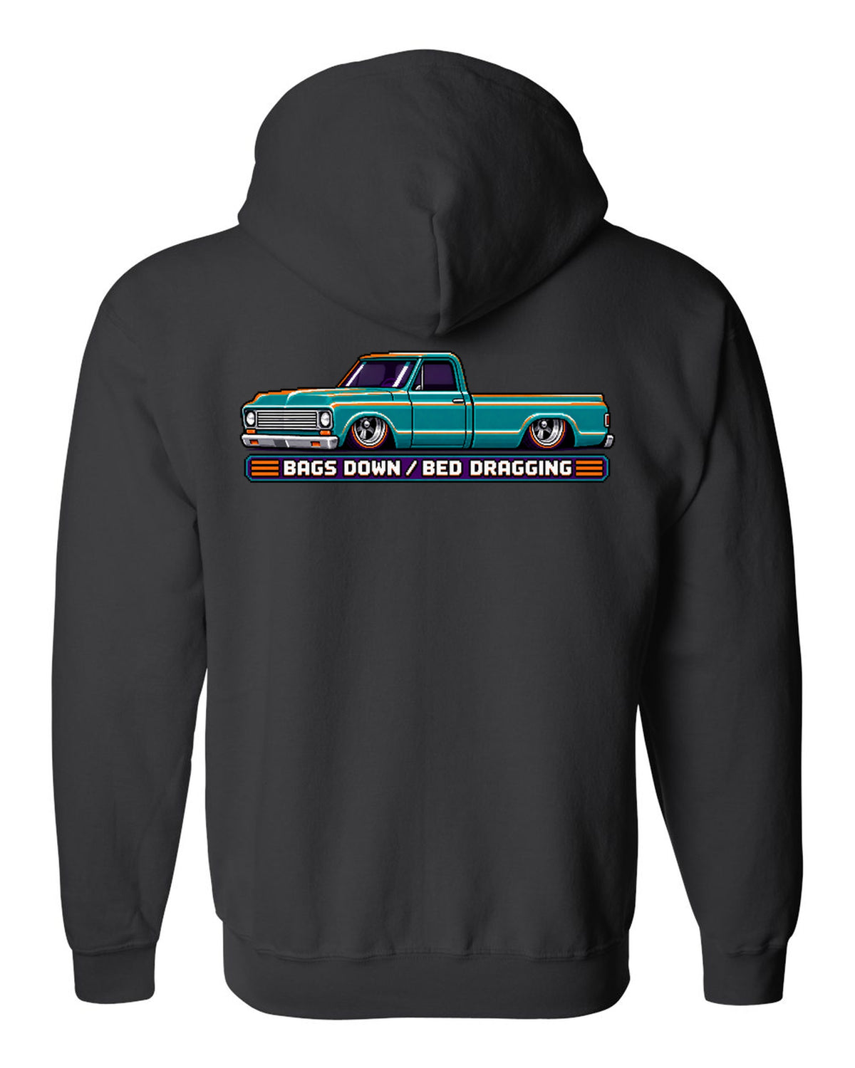 8/16-bit pixel art print of a bagged 1967-72 Chevrolet C10 Action Line Fleetside with bags down bed dragging lettering black zip hoodie back view with the design